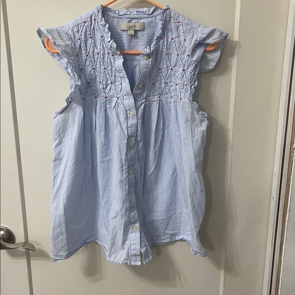 LOFT Light Blue Embroidered Button-Down Top